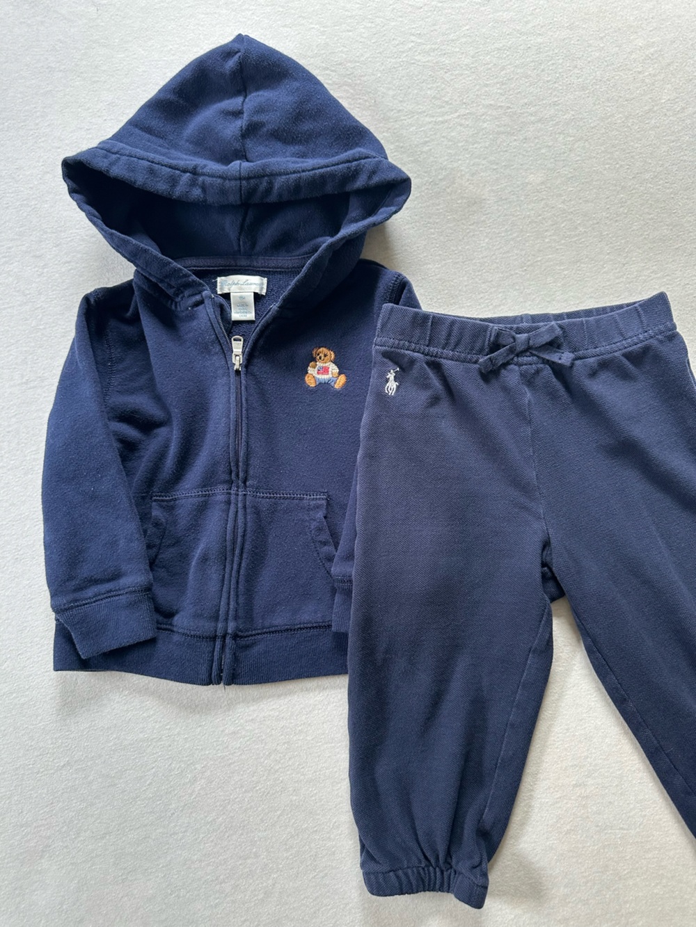 Ralph Lauren Baby Polo Bear Flag Sweater Zip Hoodie Joggers Set 18M Navy